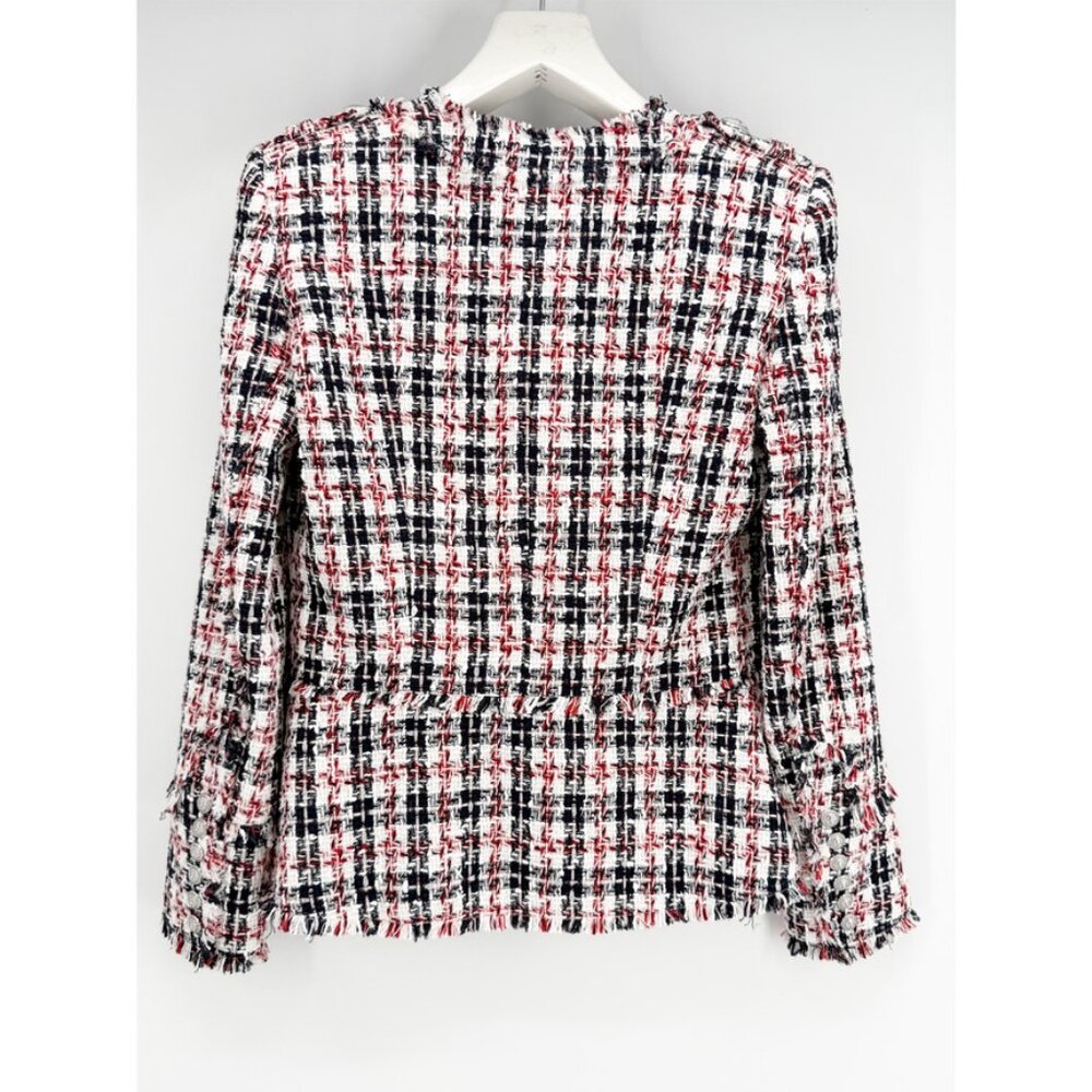 Balmain White Red Navy Silver Lion Button Tweed Blazer Jacket Sz FR 38 US 6 - Picture 2 of 6